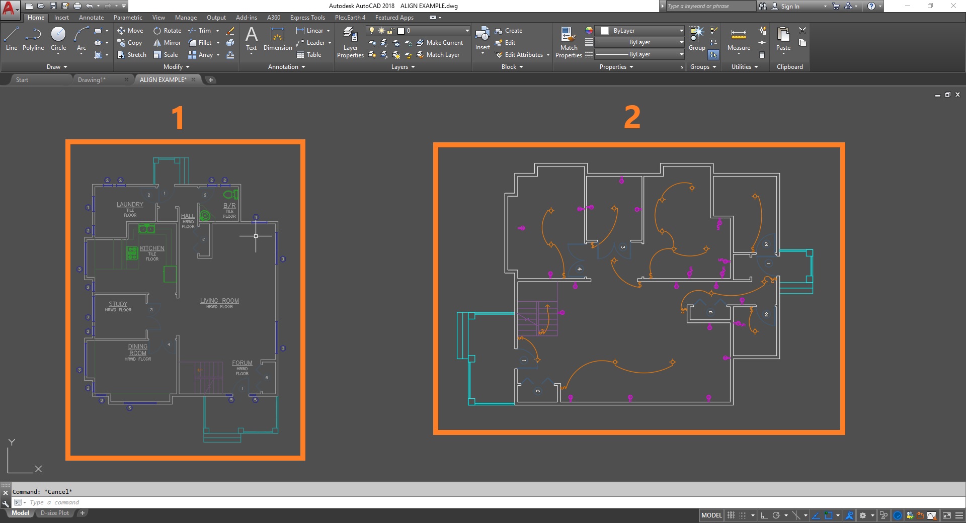 Duas plantas arquitetônicas abertas na interface real do AutoCAD