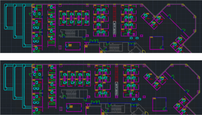 Duas versões de uma planta em DWG mostradas no AutoCAD