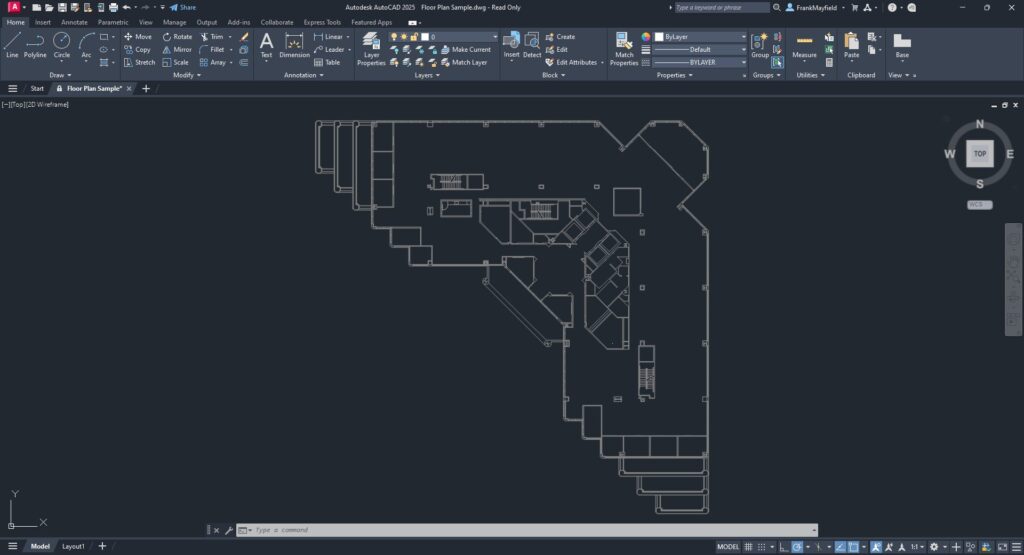 Interface real do AutoCAD com organização por layers