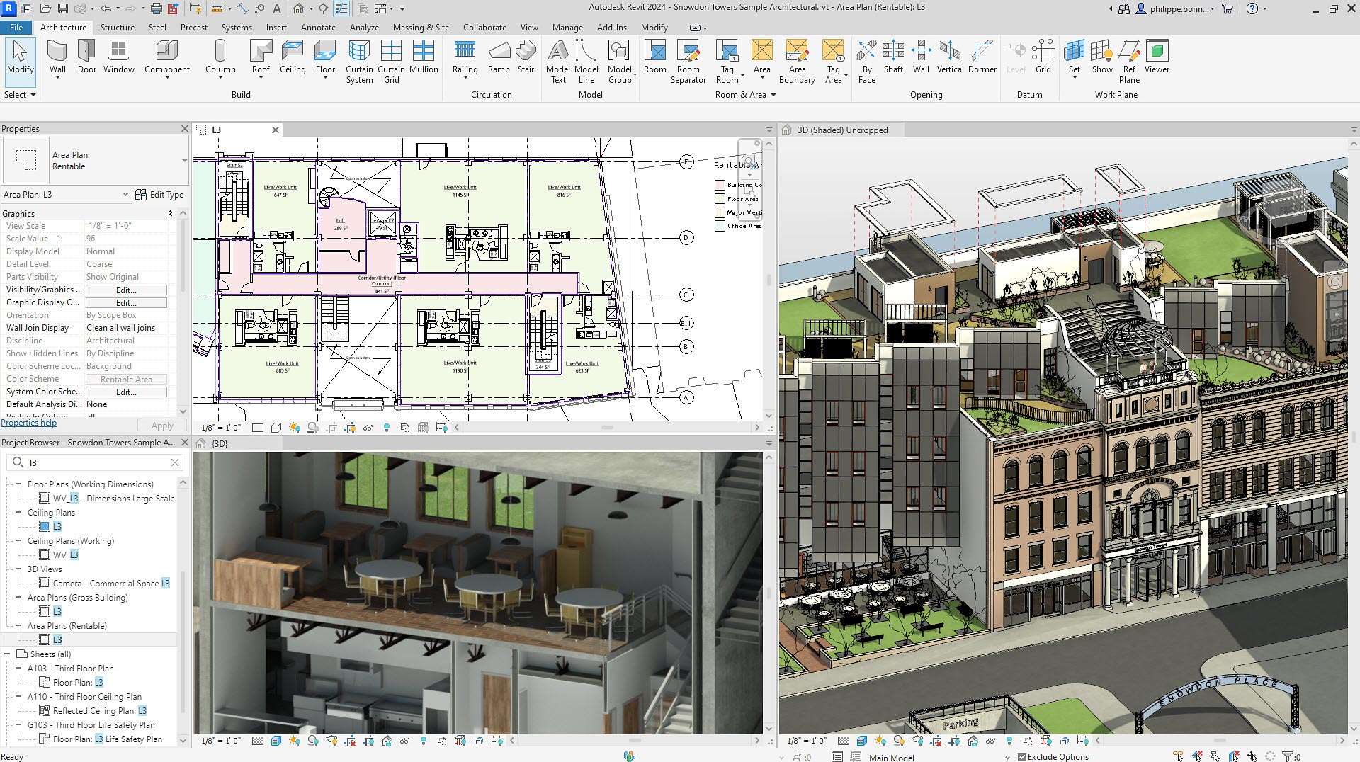 Interface real do Revit com projeto arquitetônico